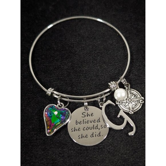 Mystic Fire AB Crystal Heart Letter G She Believed She Could Bracelet 7.5" - Picture 1 of 7